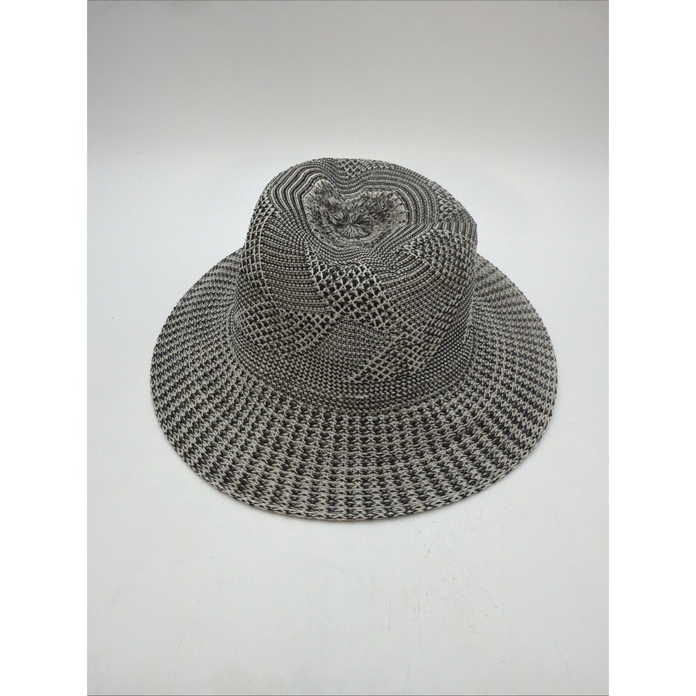 black and white patterned fedora-style hat